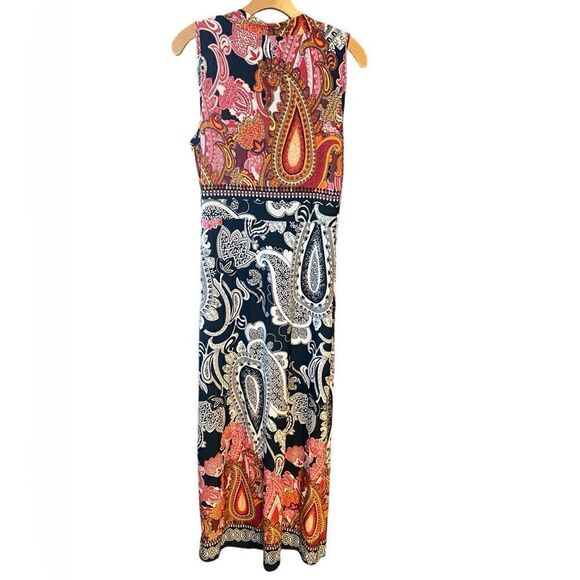 Susan Lawrence M Black Orange Paisley V-Neck Relaxed Flowy Maxi Vacation Dress - Picture 2 of 6